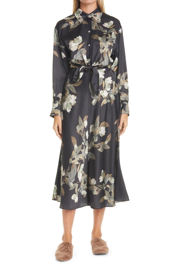 Lisianthus Tie Front Long Sleeve Shirtdress
