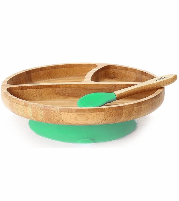 Bamboo Suction Toddler Divided Plate + Spoon - Green