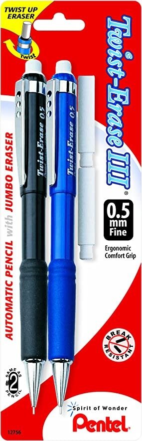 ® Twist-Erase® III Mechanical Pencils, 0.5 mm, Assorted Barrel Colors, Pack of 2 Pencils