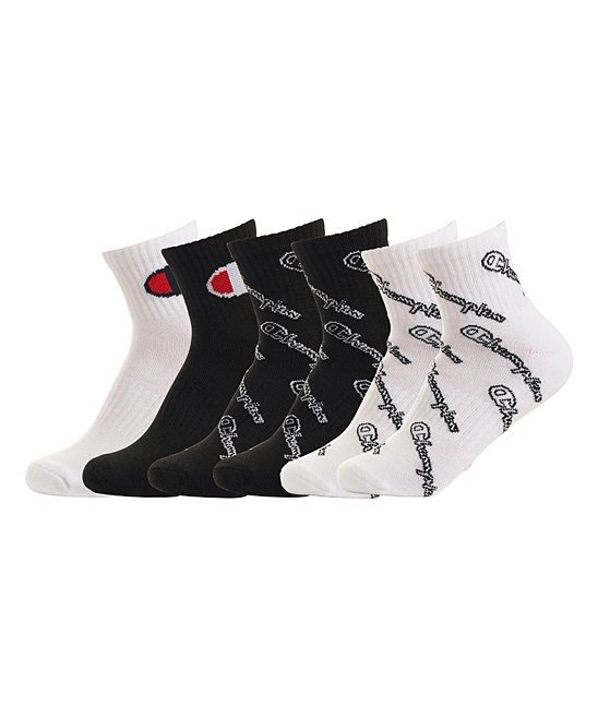 Black & White Script Pattern Quarter Socks - Set of Six