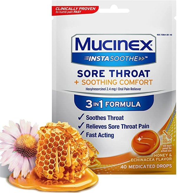InstaSoothe Sore Throat + Soothing Comfort Honey & Echinacea Flavor, Fast Acting, Powerful Sore Throat Oral Pain Reliever, 40 Medicated Drops