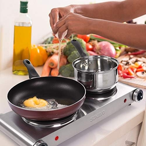 Hot Plates for Cooking Portable Electric Double Burner 1800W 5 Power Levels Cast-Iron Silver
