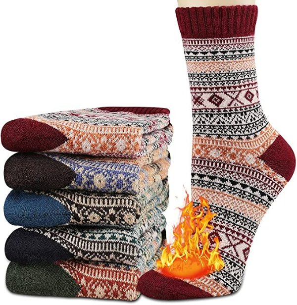 Womens Thick Wool Socks Thermal Warm Winter Crew Socks 5 Pairs Multicolors