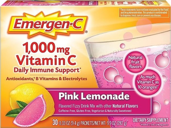 -C 1000mg Vitamin C Powder, with Antioxidants, B Vitamins and Electrolytes, Immunity Supplements for Immune Support, Caffeine Free Fizzy Drink Mix, Pink Lemonade Flavor - 30 Count