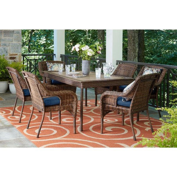 Cambridge Brown 7-Piece Wicker Outdoor Dining Set with Blue Cushions-65-7148B7 - The Home Depot