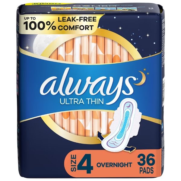 Always Ultra Thin Pads, Overnight with Wings Unscented, Size 4
