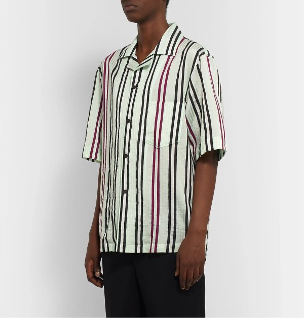 Camp-Collar Metallic Striped Cotton-Blend Shirt