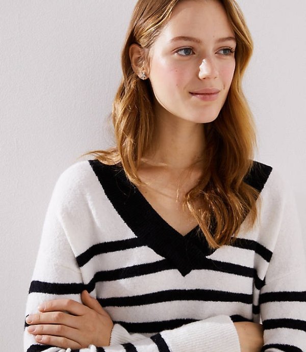Striped Drop Shoulder V-Neck Sweater | LOFT