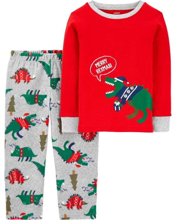 2-Piece Christmas Dinosaur Fleece PJs