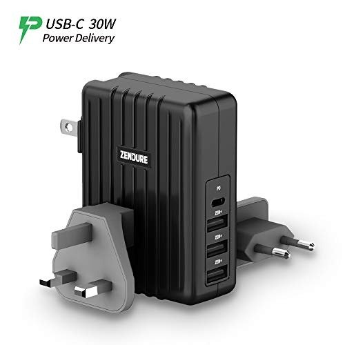 USB-C Wall Charger, 4-Port 45W USB Type C Power Delivery PD Charger, Zen+ Fast Charging Travel Adapter with US/UK/EU Plugs Compatible MacBook, iPhone, Nintendo Switch, Samsung Galaxy - Black