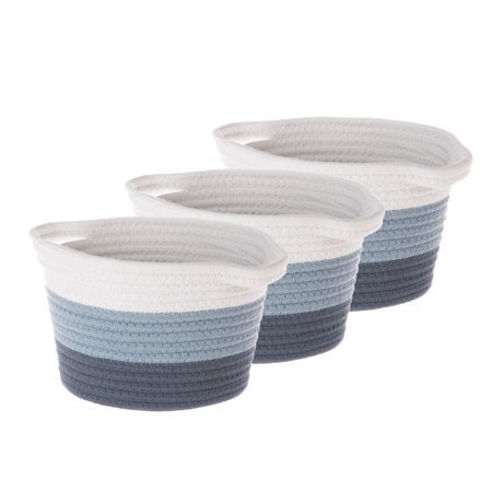 Your Zone 9.05" Round Small Cotton Rope Soft Basket, 3 Pack, White and Blue