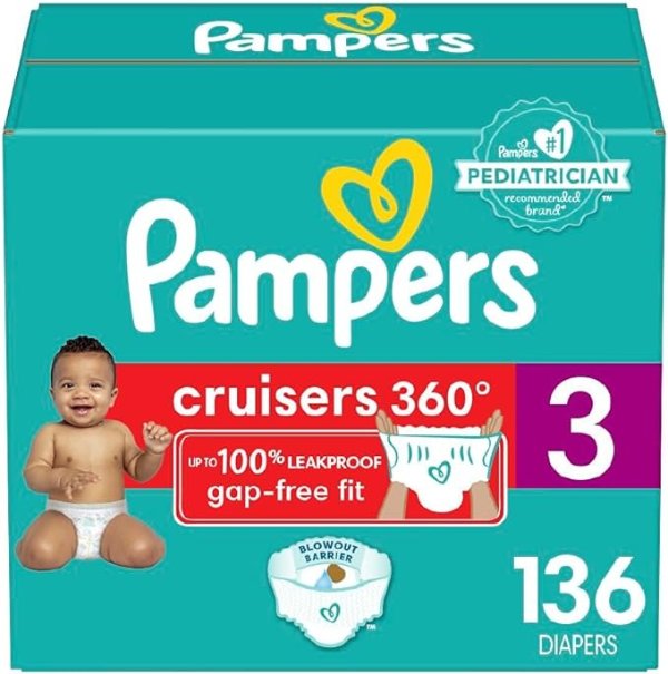 Diapers Pull On Cruisers 360° Fit Disposable Baby Diapers with Stretchy Waistband Enormous Pack (Packaging May Vary), Size 3, 136 Count