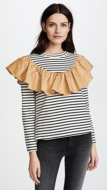 Striped Top with Contrast Ruffle