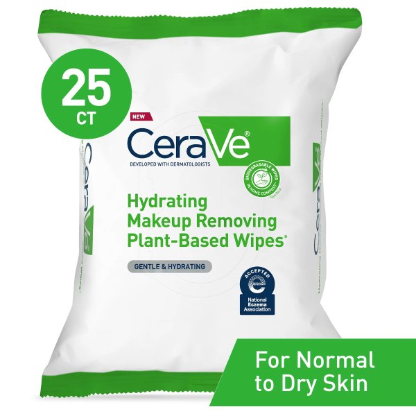 Hydrating Facial Cleansing Makeup Remover Wipes, Plant Based Face Wash Wipes, 25ct