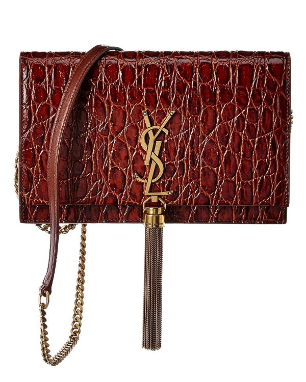 Small Kate Tassel Croc-Embossed Leather Wallet On Chain