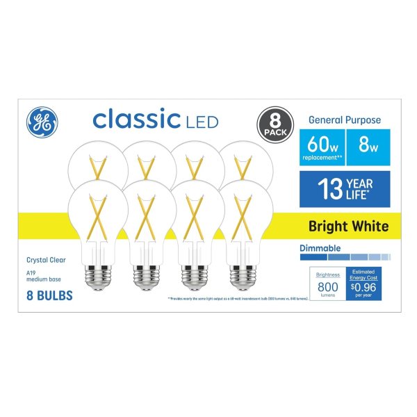 Classic LED Light Bulbs, 60 Watt, Bright White, A19 Bulbs (8 Pack)