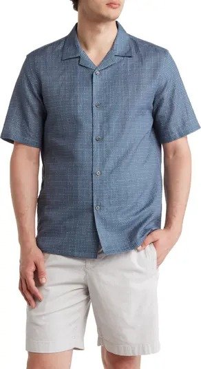 Daze Print Short Sleeve Button-Up Linen Blend Shirt