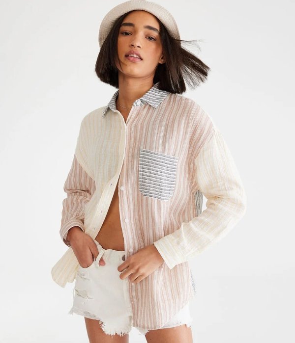 Long Sleeve Mixed Stripe Oversized Button-Down Shirt