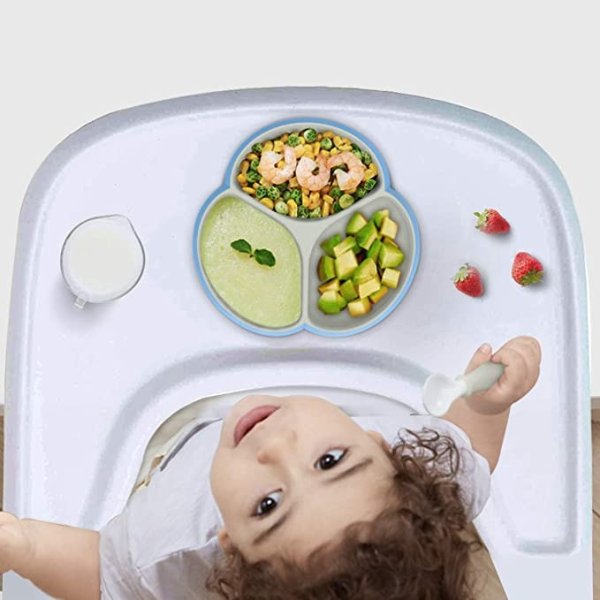 Silicone Baby Plates with Suction - SILIVO Non Slip Toddler Plates, Divided Plates, Suction Plates for Babies, Kids, Toddlers and Children, Microwave & Dishwasher Safe – Blue/Gray