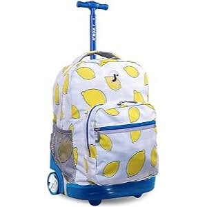 J World New York Sunrise Kids Rolling Backpack for Girls Boys Teen. Roller Bookbag with Wheels, Lemona, 18"