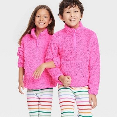Kids' Faux Shearling Matching Family Half Zip-Up Pajama Pullover - Wondershop™ Pink
