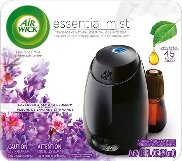 Essential Mist, Essential Oil Diffuser, (Diffuser + 1 Refill), Lavender and Almond Blossom, Air Freshener
