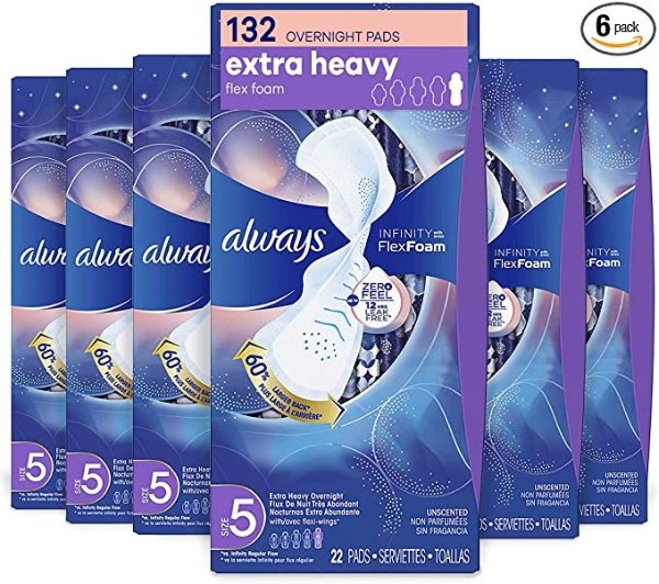 Infinity Feminine Pads for Women, Size 5, Extra Heavy Overnight Absorbency, with Wings, Unscented, 22 Count - Pack of 6 (132 Count Total) (Packaging May Vary)