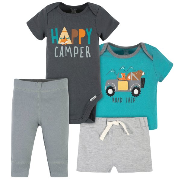 Baby Boys 4-Piece Happy Camper Onesies® Brand Bodysuit, Shirt, Shorts, & Pants Set