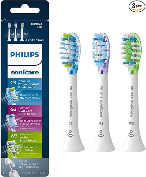 Sonicare HX9073/65 Genuine Replacement Toothbrush Head Variety Pack - Premium Plaque Control, Premium Gum Care & Premium White, Brushsync Technology, White 3-pk