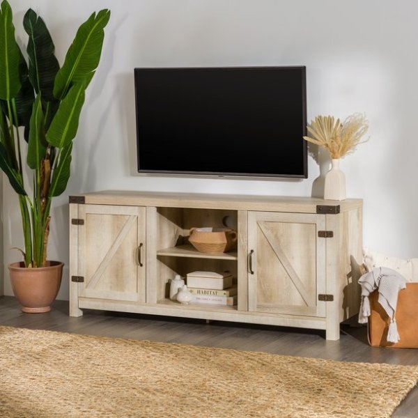 Woven Paths Modern Farmhouse Barn Door TV Stand for TVs up to 65", White Oak