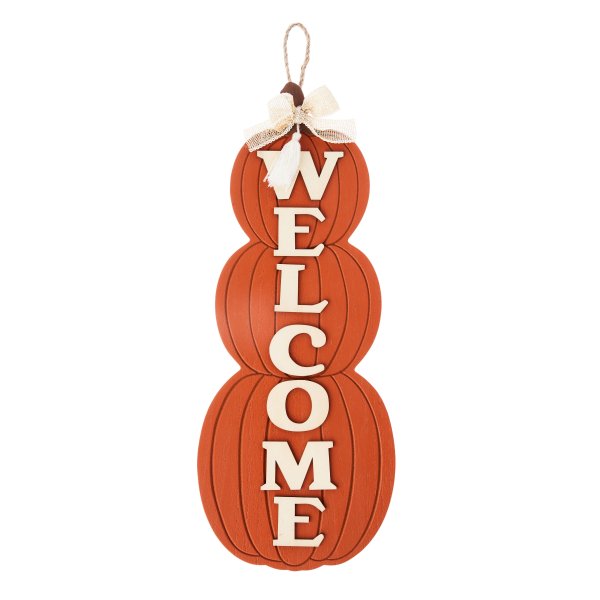 Fall, Harvest Stacked Orange Pumpkins Welcome Hanging Sign Decoration, 15.88 in, by Way To Celebrate