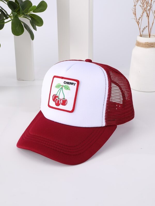 1pc Women Cherry Embroidered Casual Trucker Hat, For Outdoor