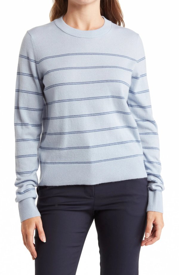 Striped Crewneck Wool Blend Pullover Sweater
