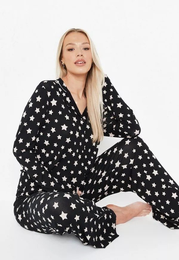 - Black Star Print Long Sleeve Shirt Wide Leg Maternity Pajama Set