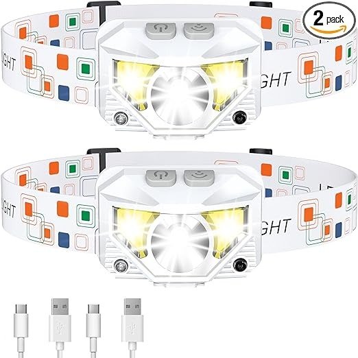 LHKNL Headlamp Flashlight, 1200 Lumen Ultra-Light Bright LED Rechargeable Headlight with White Red Light,2Pack Waterproof Motion Sensor Head Lamp,8 Modes for Outdoor Camping Running Fishing- White