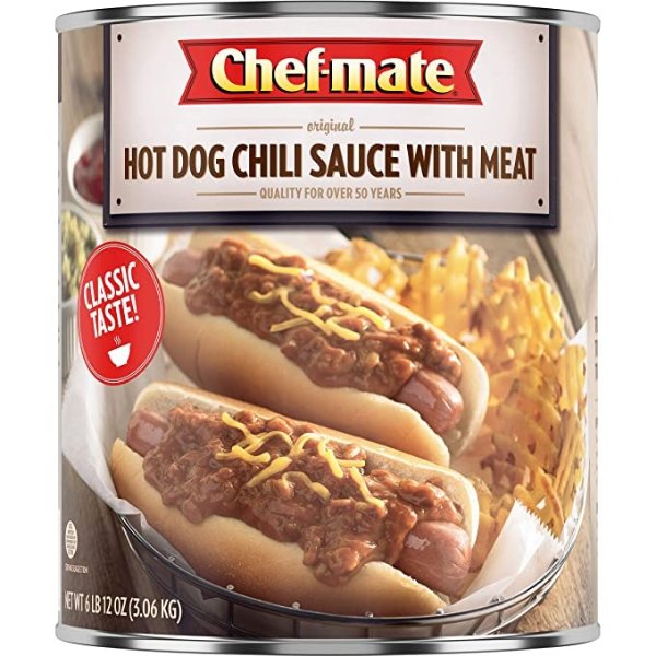 Chef-mate Hot Dog Chili Sauce with Meat, Ready to Eat Canned Chili, Superbowl Party Supply, 6 lb 12 oz, (#10 Can Bulk)