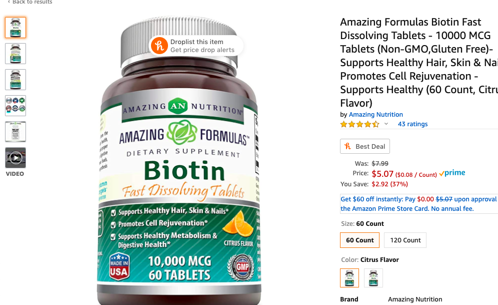 生物素 Biotin Fast Dissolving Tablets - 10000 MCG Tablets (Non-GMO,Gluten Free)-Supports Healthy Hair, Skin &amp; Nails - Promotes Cell Rejuvenation - Supports Healthy (60 Count, Citrus Flavor)