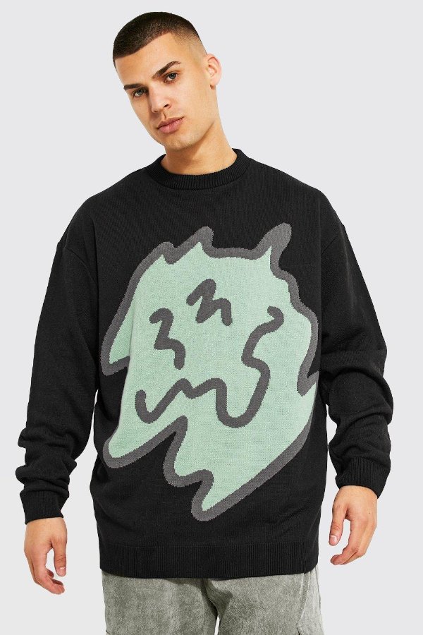 Oversized Abstract Drip Face Knitted Jumper | BoohooMAN