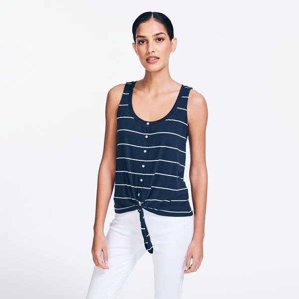 STRIPED TIE-FRONT BUTTON SLEEVELESS TOP