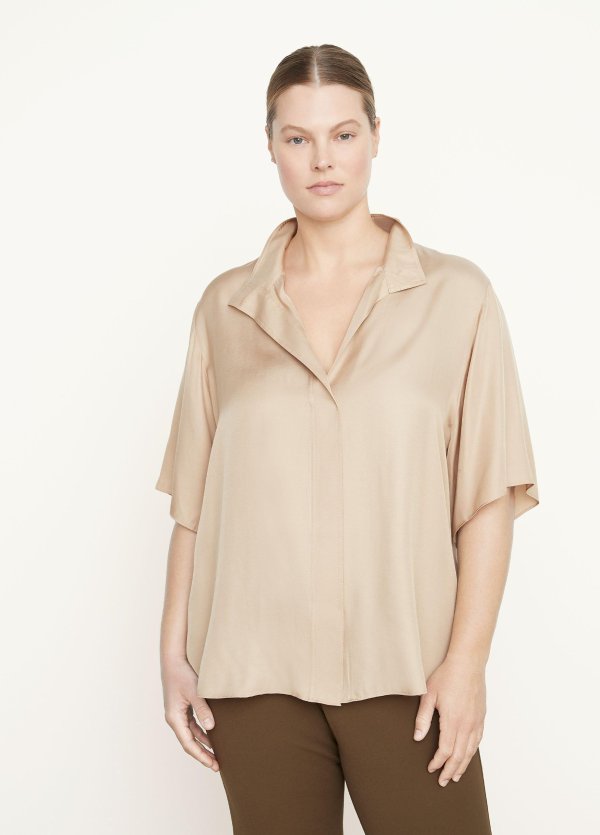 Short Sleeve Silk-Blend Button-Down Shirt