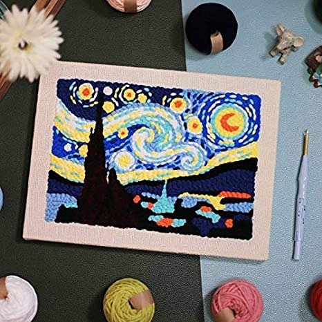 Punch Needle Embroidery Starter Kits Rug Punch Needle Tool Threader Fabric Embroidery Hoop Yarn Rug Punch Needle (Square Starry Sky)