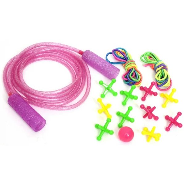 Goofy Foot Designs Jump Rope - Includes 7 Foot Glitter Infused Jump Rope, 10 Jacks & Ball, 2 Chinese Jump Ropes - Provides House of Active Fun for both Indoors & Outdoors!