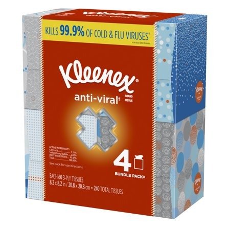 Anti-Viral Facial Tissues, Cube Box, 60 Tissues per Box, 4 Pack (240 Tissues Total)