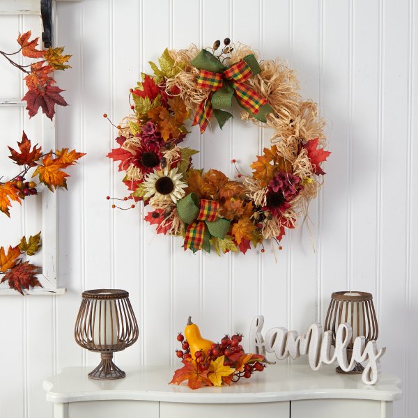 Nearly Natural Plastic Artificial Fall Wreath, with Sunflower Berries Maple Leaves, 30" (Multicolor)