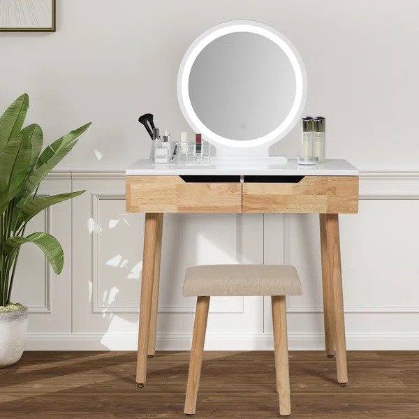 Rowell Vanity Table Set with 3 Modes Adjustable Brightness Mirror and Free Make-up Organizer