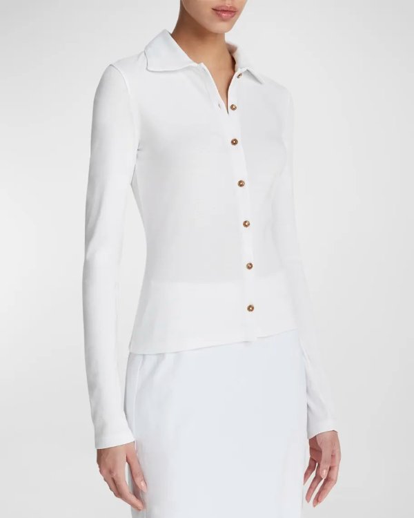 Long-Sleeve Collared Button-Front Top