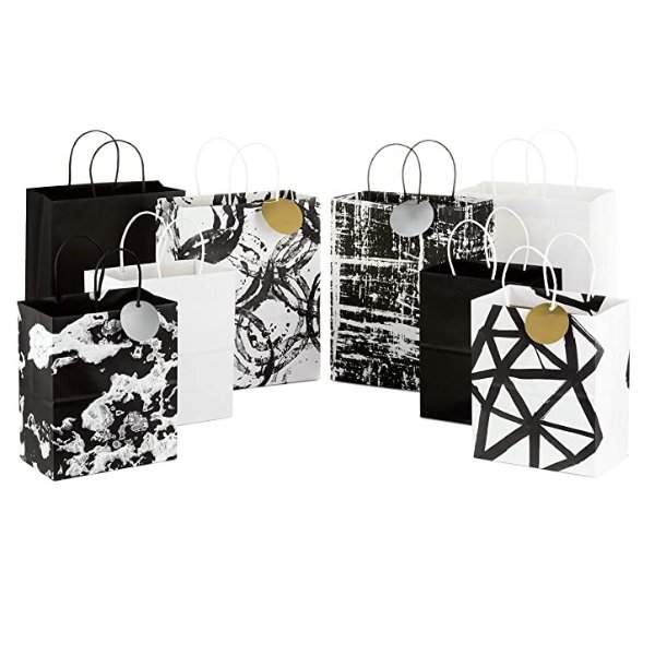 Black and White Paper Gift Bags Assortment (Pack of 8; 4 Medium 10", 4 Large 13") for Birthdays, Christmas, Bridal Showers, Baby Showers, Weddings, Halloween, Graduations