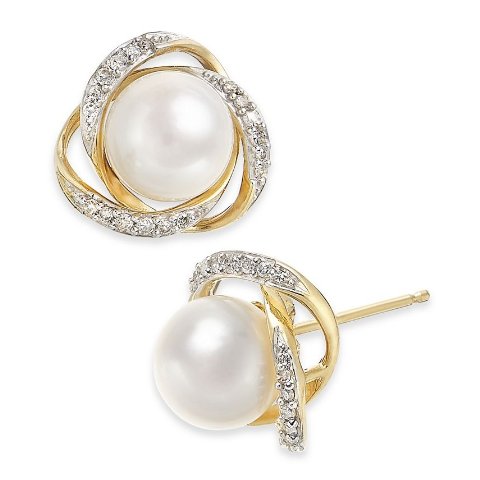 HonoraCultured Freshwater Pearl (7mm) & Diamond (1/8 ct. t.w.) Stud Earrings in 14k Gold
