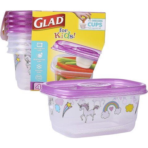 Glad for Kids GladWare Snack Containers with Unicorn Design | BPA-Free Plastic Food Storage, 24oz 4 Count with Dressing Cups