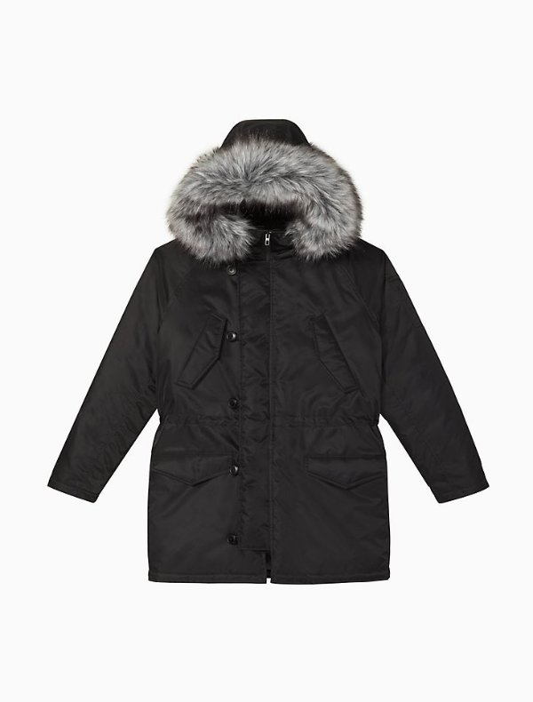 Nylon Faux Fur Hooded Parka Jacket